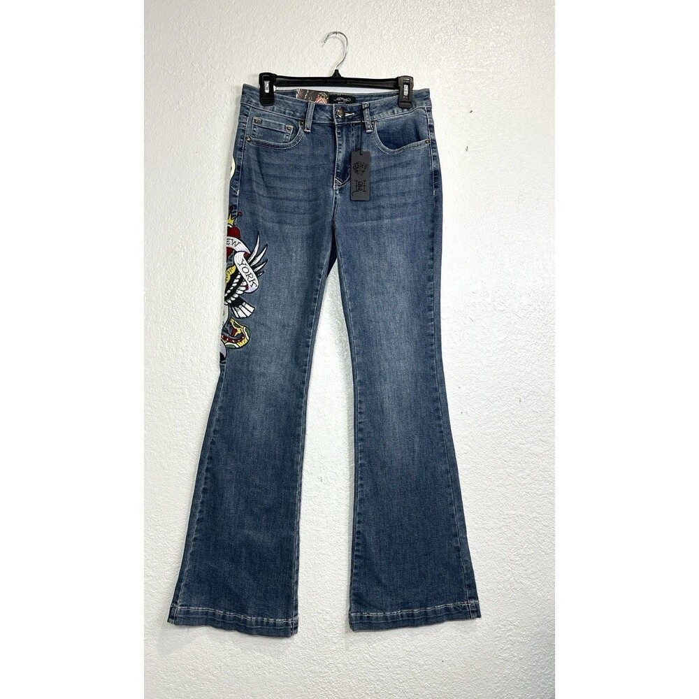 Ed Hardy Women Flare Jeans 28 NWT New York City Skull Eagle Embroidered Y2KDenim - Picture 5 of 14